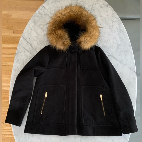 Zara black ‘wool’ jkt with brown faux fur hood (removable) gold zips size L - Picture 11 of 15